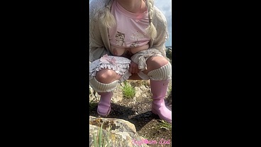 Girl Pissing on Hike Trail in Wellies