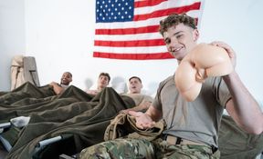 Muscular hunks share a younger lover for intimate anal threesome