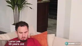 Mature blonde woman gives blowjob and shows off big tits to younger guy