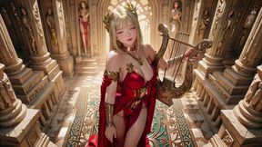 Blonde Queen in Red! Sitting by the Fountain, Adjusting Her Slit Dress. Eyes Locked on You.