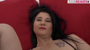 Bitch fucks ass with a dildo then rides a huge cock to cumshot