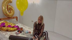 Alla inflates four balloons with helium!!!