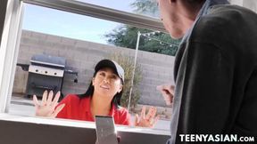 Teen Ember Snow gets facialized during wild threesome encounter