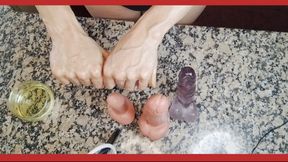 The veins in the hands become thick when touching dildos of different sizes.