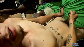 ”Inked twink Bentley pumps his meat with his eyes closed”