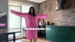 Big-Titted MILF tries on clothes in kitchen, gets naked on cam