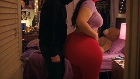 Big Ass Girl in Tight Red Leggings Gets Pressed Hard from Behind