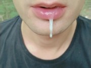 Two times cum spitting by random guys - huge thick loads leaking