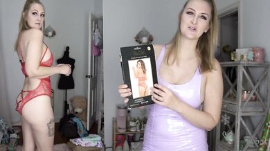 Blonde youtuber strips down to sling bikini lingerie haul