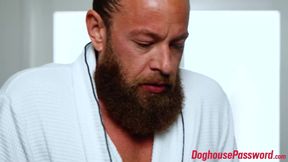 Hot masseuse Kayley Gunner rubs her client big cock with oil
