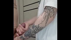 Stepmom's friend gives handjob to my uncut cock at party