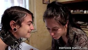 Shaved petite ass gets filled with sauce in lesbian family play