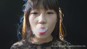 Smoking Asian Beauty in Black Lace Exhales Thick White Clouds — SHUO1 4K