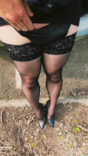 Crossdresser Long Tease and Cum Outdoors