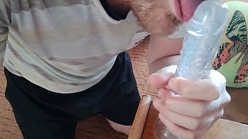 Made her lover jerk off and suck her dildo