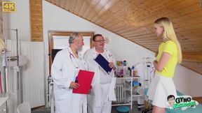 Two doctors bring a young woman to climax during her gynecological exam.