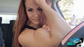 Biceps flexing in car: Dolly, Kim