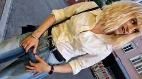 Public wetting in the middle of the city! Tranny walking with wet jeans!