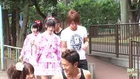 Multiple guys take cute Asian chicks in kimono