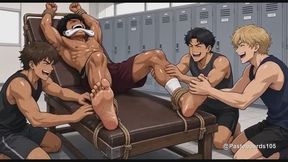 Sock Gagged On The Bench - Bare Hands And Fingers All Over His Roped-Down Soles (Anime Bara, 16 Scenes)