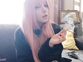 Nice-looking Pink Hair Egirl Smokin' in ebony pyjama (full vid on my ManyVids/0nlyfans)