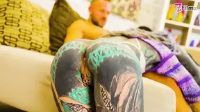 Goth goddess and two lucky guys in a hot tattooed threesome