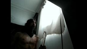 crossdresser with long beard sucking and deepthroating dildo for 12 minutes