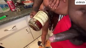 Black beauty goes penetrating esophagus after that takes massive cock in her ass