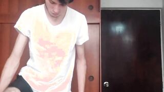 Skinny Latin twink with huge dick jerks off and cums on cam