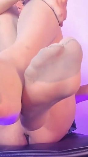 Beautiful Colombian Trans Caresses Her Perfect Feet in Nylon Stockings