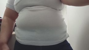 Fat girl's stomach starts to growl at work