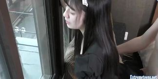 Young Asian student maid gets fucked hard and creampied in public window