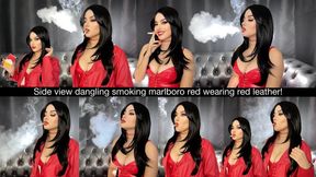 Side view dangling smoking Marlboro red wearing red leather outfit!