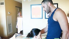 FAMILY STROKES Aria Lee fed jizz after threesome drilling with MILF stepmommy