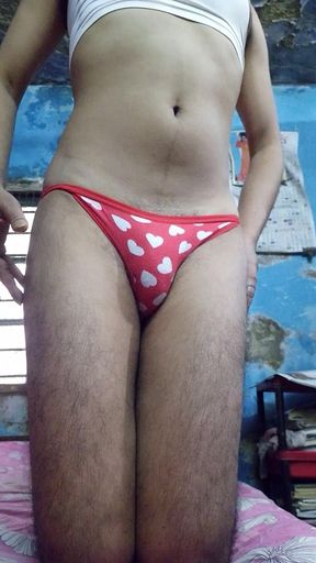 Indian Teen Boy Wearing Sports Bra and Red Heart Panty