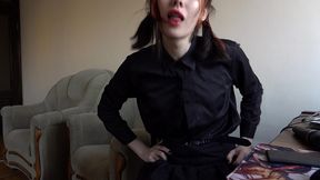 trans in black suite fuck the pussy toy and make great cum. debut video