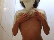 Husky pissing and cumming over himself