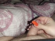 He loves it when i make his little dick cum with my orange long nails *cum runs on my long nails*