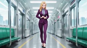 Blonde Boss in Purple Suit! Office Train Private Moments. She's Multitasking with Files While Secretly Adjusting Her Skirt...