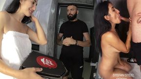 Hot tattooed brunette Andra Brazil gets a pizza and a deepthroat blowjob