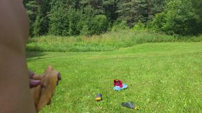 Cumming outdoors with a help of banana peel