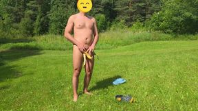 Cumming outdoors with a help of banana peel