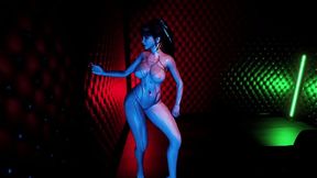 Eve, the shapely black-haired Asian, teases with big tits in latex suit at nightclub