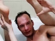 Legs behind the head in a bathtub while touching my cock and showing off feet soles