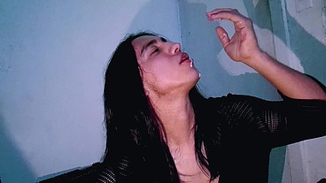 Little pretty sissy in bikini swallowing her own cum