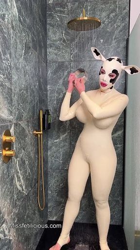 Latex Cow Undressing Under the Shower
