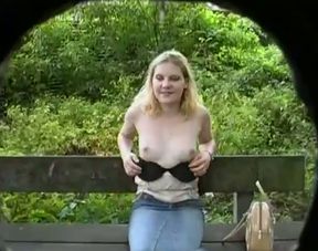 Ugly chubby blonde with small tits shows her body outdoors