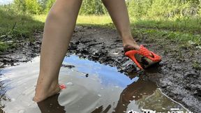 Broken Orange Mules Stiletto Sinking into the Ankle in Mud - Walking Outdoors off Road, Dirty Slingbacks, Wet & Messy, Discarded shoes, Powerful Woman, Wrecked Shoes 4k