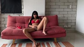 Long Haired Brunette In Red Lace Teases On The Sofa Then Gets Fucked
