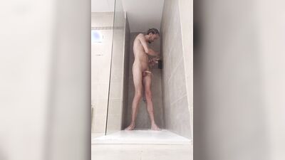 Compilation of Very tall skinny male with juicy cock taking a warm shower while on a holiday